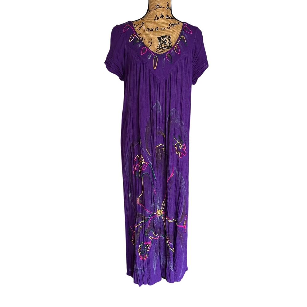 True Rock Purple Short Sleeve Embroidered Flower Boho Maxi Dress Free Size
